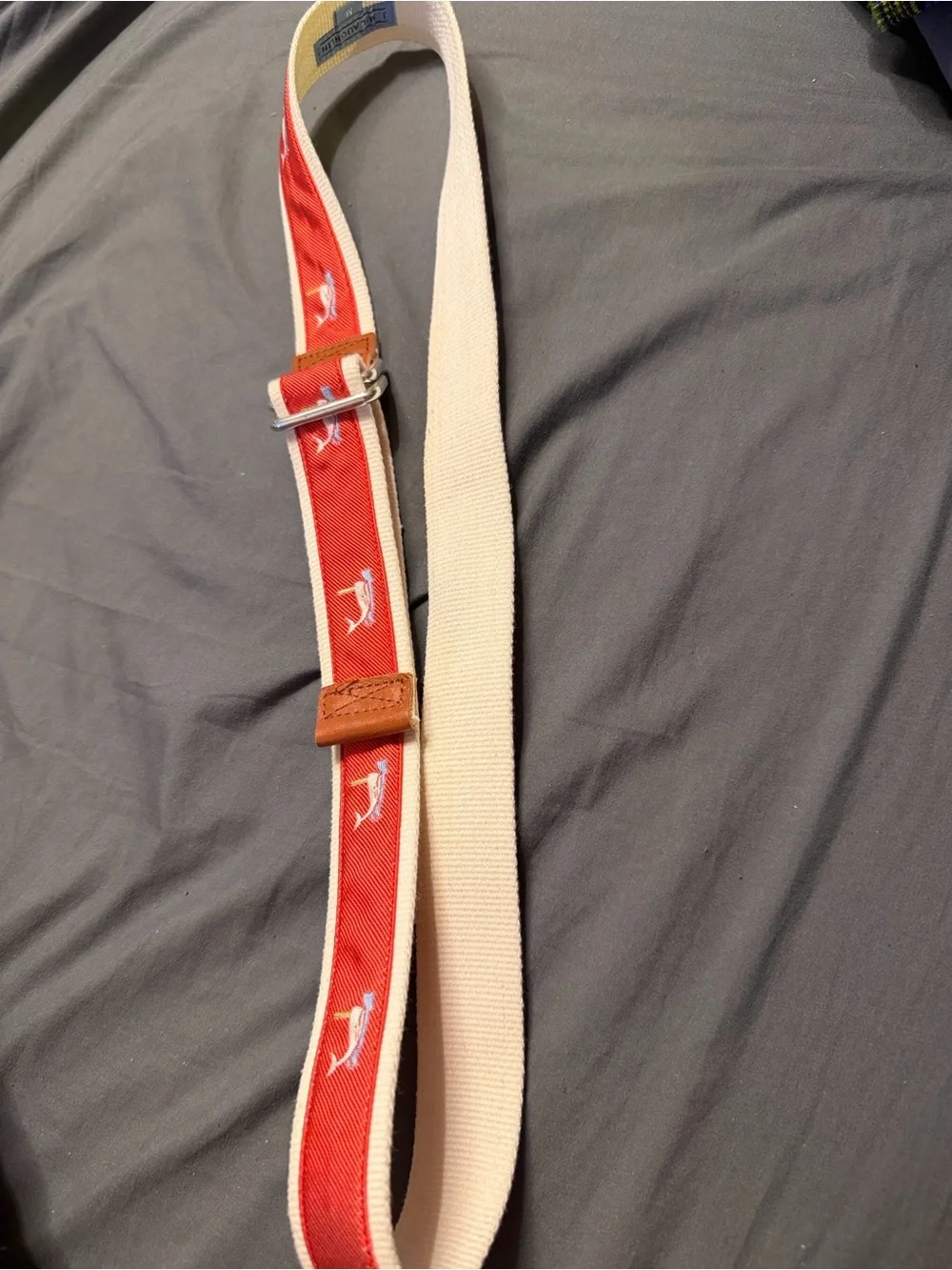J McLaughlin Canvas D Ring Ribbon Belt with Spouting Whale Embroidered Accent